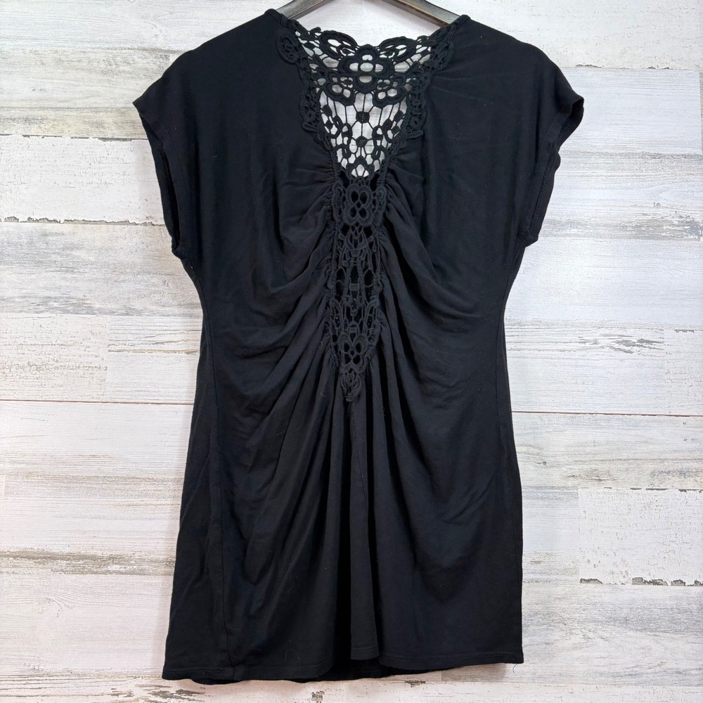Harley-Davidson Womens XL Black Rhinestone Skull Crochet Lace Back Top Biker - Picture 2 of 9